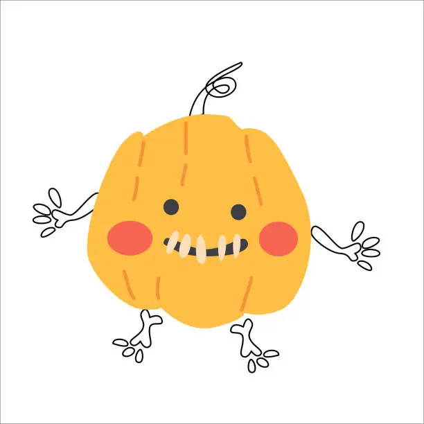 Vector illustration of cute pumpkin character in skeleton costume