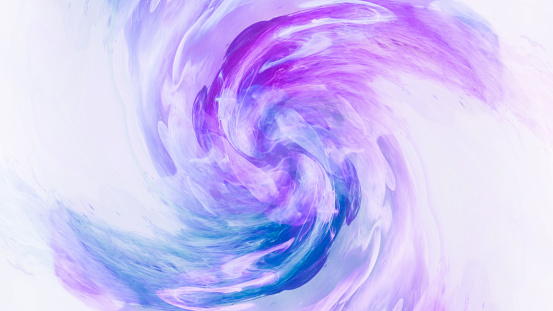 Colorful swirl background. Spiritual illusion. Neon blue purple smoke flow abstract hypnotic captivating dynamic vortex effect isolated on white.