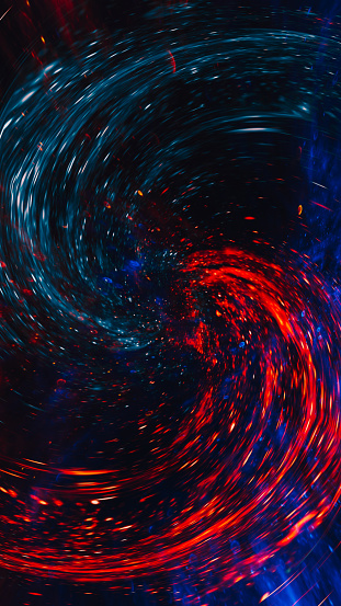 Magic swirl background. Time travel. Blue red blur shiny sky stars space portal sparks in hypnotic black abstract galaxy cosmic fantasy art.