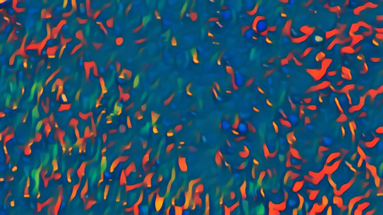 Blur sparks. Colorful background. Defocused orange red glowing curve particles texture on blue abstract free space art illustration.