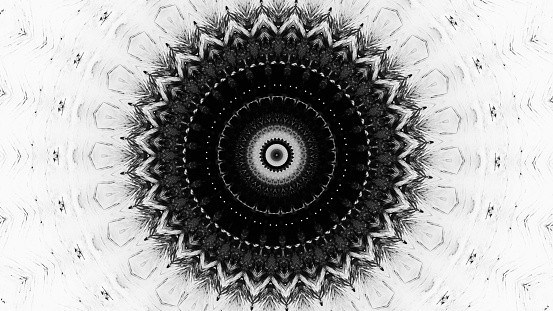 Ink mandala. Round kaleidoscope. Black paint circle symmetrical geometric design on white free space art illustration abstract background.
