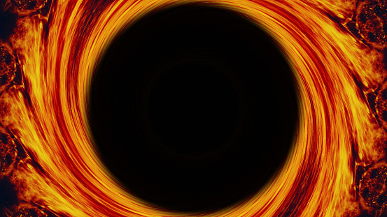 Fire frame. Burning swirl. Sparks vortex. Blur orange red golden glowing glitter hot whirl spinning circle on dark black abstract illustration empty space background.