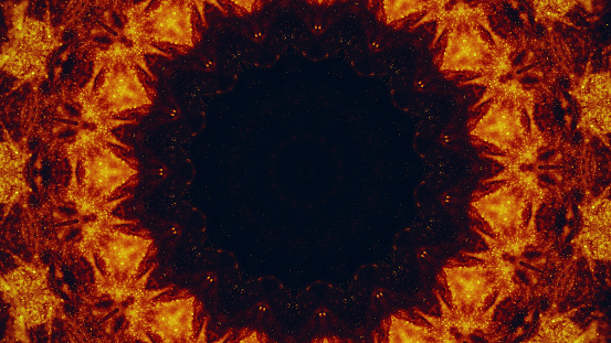 Mandala frame. Sparks circle. Orange color shiny bokeh light round ornament on dark black illustration abstract empty space background.
