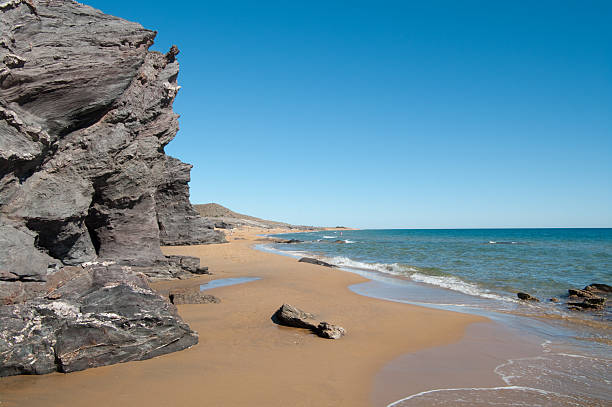 Playa Negrete beach La Manga, Murcia with schist cliffs stock photo