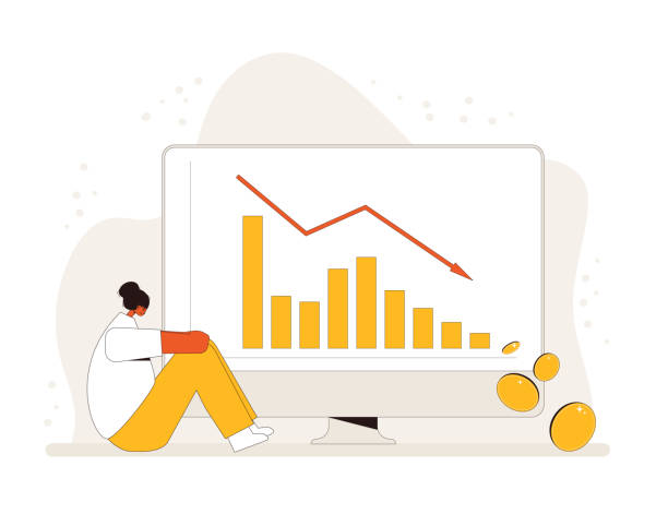 krach na giełdzie. inwestor stracił pieniądze. zdenerwowana młoda akcjonariuszka siedząca na podłodze z wykresem upada na ekran komputera. zbankrutowany. kryzys gospodarczy i finansowy. ilustracja wektorowa. - rudeness risk computer business stock illustrations