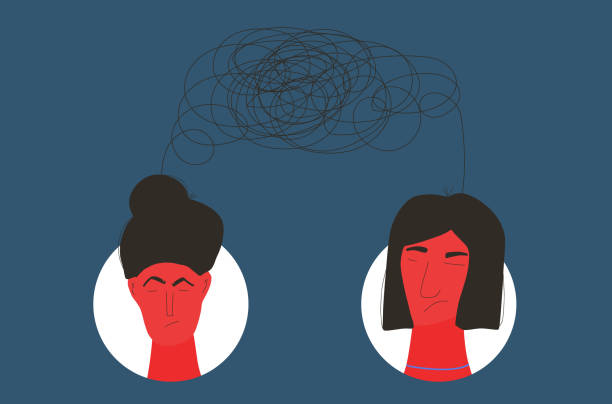 istock Bad relationship. Conflict. Female people with lot of confusing thoughts about each other. Women with bad mood. Vector flat illustration. 1846368379