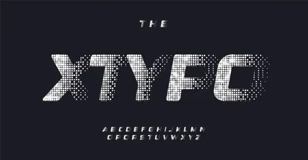 Vector illustration of Speed futuristic alphabet. Bold geometric typeface with halftone equalizer micro texture for modern logo design and headlines. Speed cyberpunk and DJ music vibes in every letter. Vector typeset.