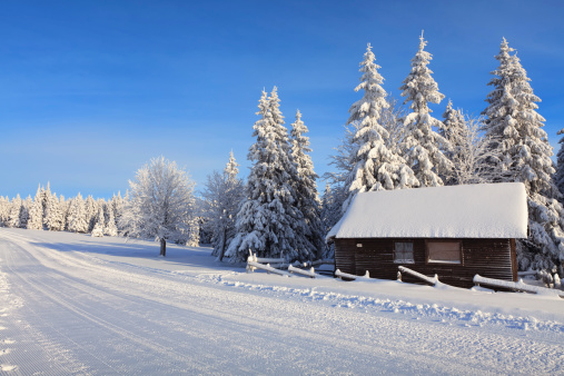 Winter landscape with an alpine hut.