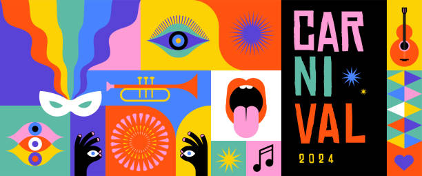 Happy Carnival, colorful geometric background with splashes, speech bubbles, masks and confetti Happy Carnival, colorful geometric background with splashes, speech bubbles, masks and confetti. Vector design music culture stock illustrations