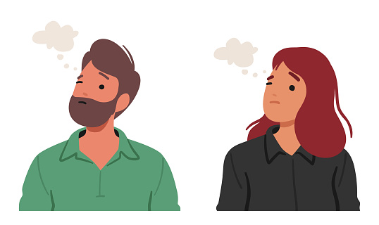 Man and Woman With Contemplative Expression, Brows Slightly Furrowed, Deep In Thought, Eyes Reflect Mix Of Introspection And Pondering, Revealing A Moment Of Thoughtful Reflection. Vector Illustration