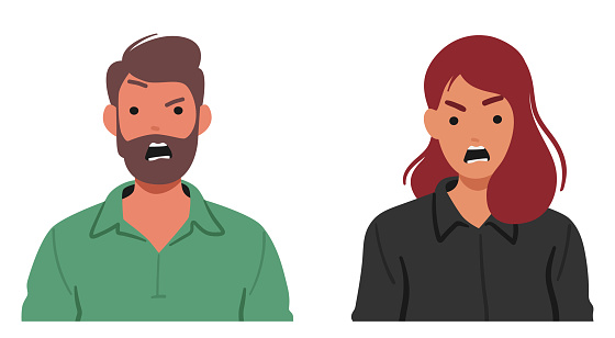 Man and Woman with Furious Faces Yelling, Eyes Ablaze With Anger, Lips Parted In A Fierce Expression. Intensity Of Characters Emotions Echoed In Powerful Vocal Outburst. Cartoon Vector Illustration