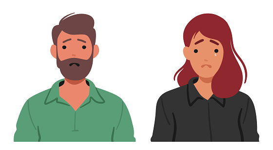 Crying Man and Woman with Tears Cascaded Down the Faces, Ache In Eyes. Weight Of Sorrow Etched On Pained Expression Revealed Heart Overwhelmed By Profound Sadness. Cartoon People Vector Illustration