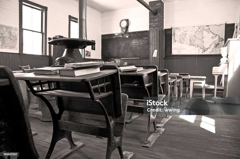One room Shool House 1903 In sepia, a student's view towards the front of a 110 year old one room rural school. Restored School Building Stock Photo