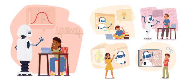 Friendly Chatbot Aids Kids In Learning With Ai Technology, Making School Engaging. It Guides, Answers Questions Friendly Chatbot Aids Kids In Learning With Ai Technology, Making School Engaging. It Guides, Answers Questions, Fosters Curiosity, Enhancing The Educational Experience For Young Learners, Vector Set child robot class stock illustrations