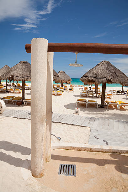 Cancun, Mexico - January 02, 2017: Playa Delfines Beach in Cancun with  couple making photo of iguana on foreground.