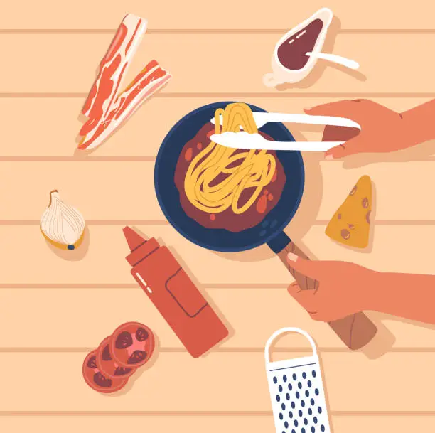 Vector illustration of Top View Image Shows Pasta Preparation Process. Human Hands Cooking Spaghetti With Sauce On Pan With Scatter Ingredients