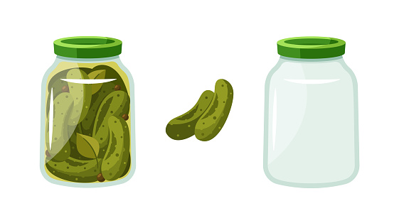 Transparent Glass Jars Showcase Vibrant, Pickled Cucumbers, Their Verdant Hues Preserved In Brine. Crisp and Tangy Aroma Promises A Delightful Burst Of Flavor In Every Jar. Cartoon Vector Illustration