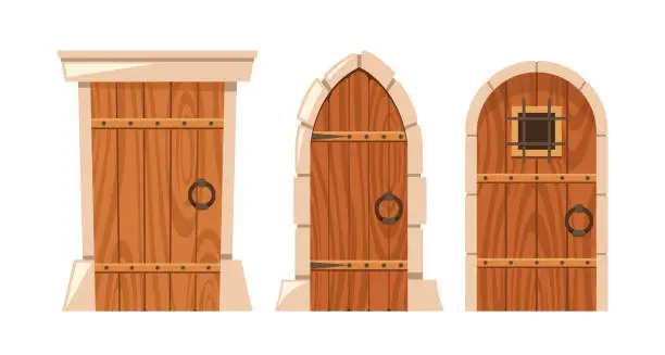 Vector illustration of Wooden Medieval Doors, Adorned with Ironwork, Brick Frames And Wood, Evoke A Sense Of History And Mystery