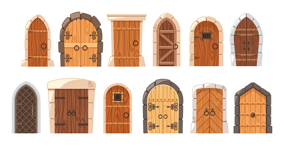 Ancient Medieval Doors, Adorned With Intricate Ironwork And Weathered Wood, Stand Sentinel, Whispering Tales Of Centuries Past And Guarding Secrets Within Their Time-worn Frames. Cartoon Vector set