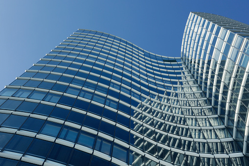 Low angle view of a modern office building.