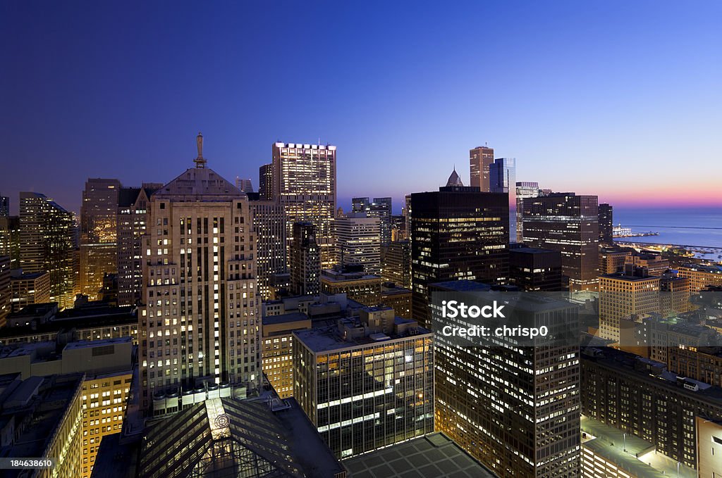 Chicago Loop at Dawn "Aerial view of the Financial District in the Chicago Loop at dawn.For more Chicago images, see:" Night Stock Photo