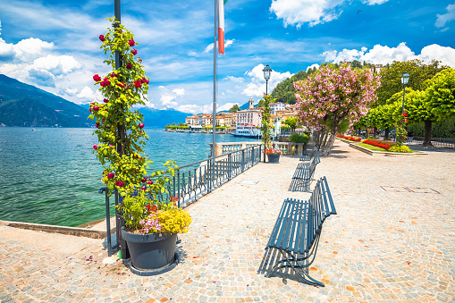 Town of Bellagio Lungolago Europa lakefront walkway view, Como Lake, Lombardy region of Italy