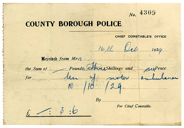 Bill for use of ambulance, 1929 An intriguing receipt from the Police, for 'Use of motor ambulance', at a cost of three shillings and sixpence in 1929. When I was injured in a motorcycle accident in 1971, the ambulance bill was twelve shillings and sixpence (though it was not sent by the police) - this shows that the charge in 1929 was high! Identifying and location details removed. 1929 stock pictures, royalty-free photos & images