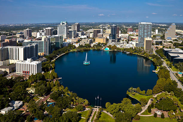 Orlando, Florida Skyline "Aerial View of Lake Eola, Orlando, Florida" orlando florida stock pictures, royalty-free photos & images