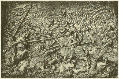 The victory of Maximilian I and Henry VIII of England over the French in 1513, near Guinegate. Woodcut engraving after a relief at Maximilian's grave in the Castle Church in Innsbruck (Austria), published in 1881.