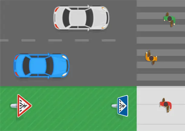 Vector illustration of Safe driving tips and traffic regulation rules. Pedestrian crossing ahead and pedestrian crossing sign. Top view of a traffic flow. Vector illustration template.