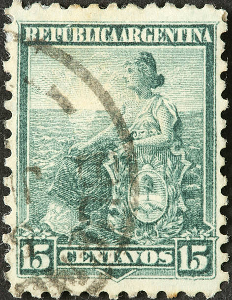 istock woman with shield at the seashore on old Argentine stamp 184641348