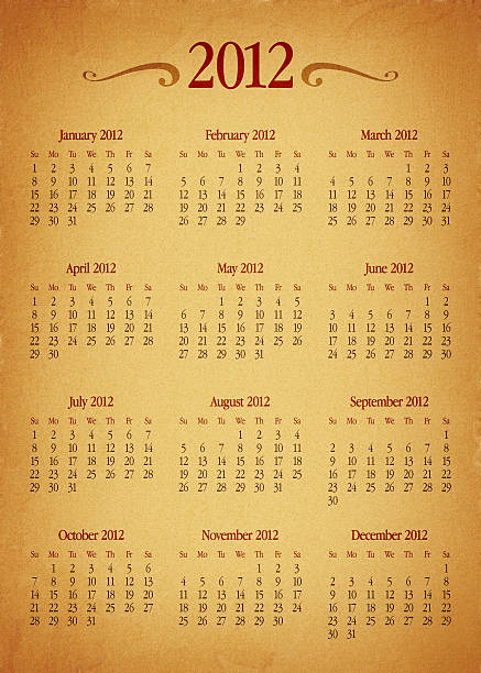 Old Paper Calendar: Year 2012 2012 yearly calendar printed on old paper. calendar 2012 stock pictures, royalty-free photos & images