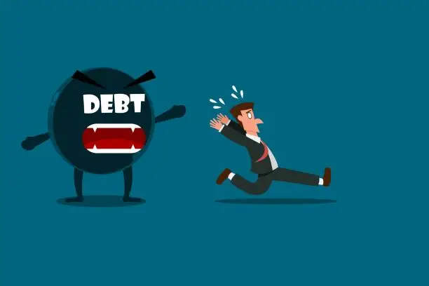 Vector illustration of Businessman running away from debt demon. Business Concept. Vector illustration