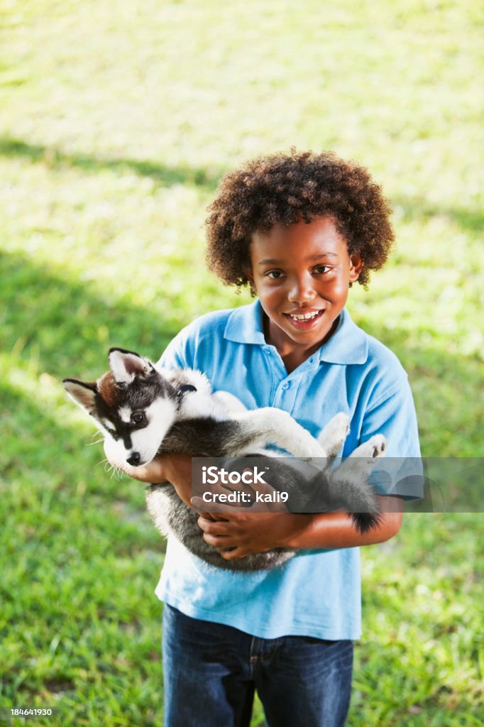 Petit garçon tenant husky Chiot - Photo de Afro-américain libre de droits