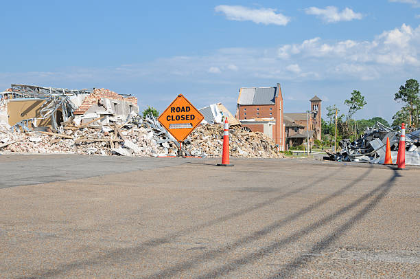 istock Downtown church district with tornado damage 184642109