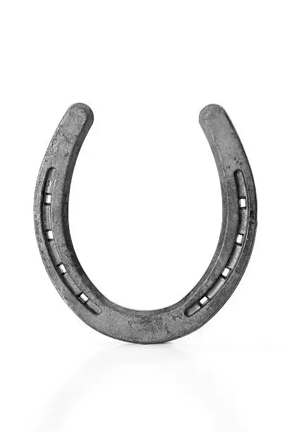 Photo of A silver, lucky horseshoe on a white background