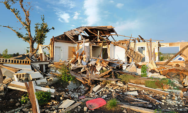 Home destroyed by tornado "Close up of home destroyed by tornado, horizontal panorama." destruction stock pictures, royalty-free photos & images