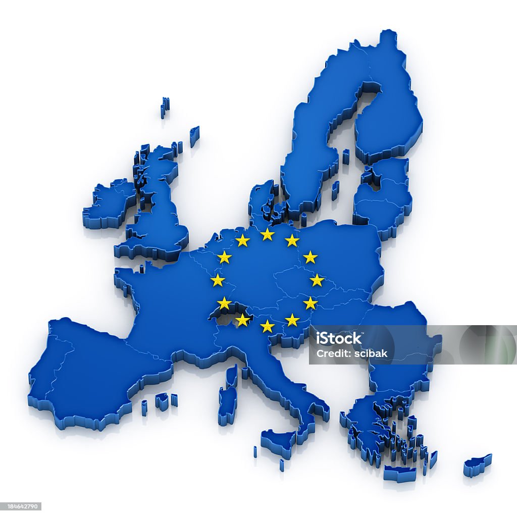 European Union map with flag 3D map of European Union with flag. All 27 countries included.Digitally generated image. Map Stock Photo