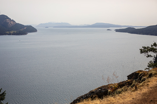 View from Mount Menzies on Pender Island, one of the Southern Gulf Islands in British Columbia, in the middle of wildfire season.