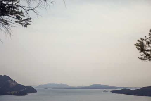 View from Mount Menzies on Pender Island, one of the Southern Gulf Islands in British Columbia, in the middle of wildfire season.