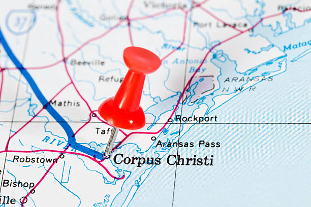Corpus Christi, Texas "Thumb Tack On Corpus Christi, Texas On The Gulf Of Mexico." corpus christi map stock pictures, royalty-free photos & images