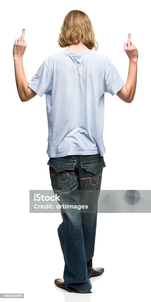 Rear View Of Young Man Giving Middle Fingers Portrait of a young man on a white background. http://s3.amazonaws.com/drbimages/m/cb.jpg Blue Stock Photo