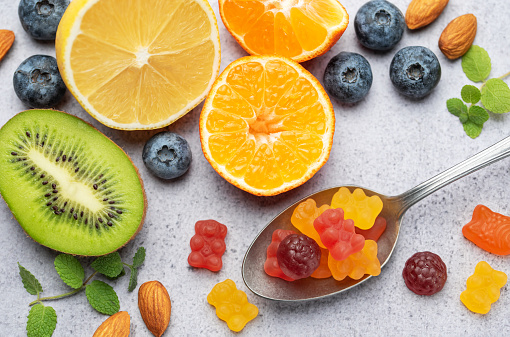 Fruit flat lay from above colorful food background