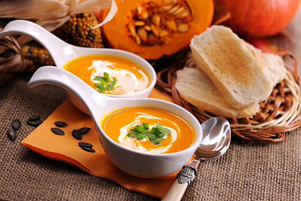 Pumpkin creme soup with creme fraiche and toasted bread - XXXL Image