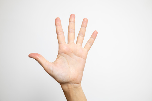 An open palm, with fingers spread wide, displayed against a clean white background.