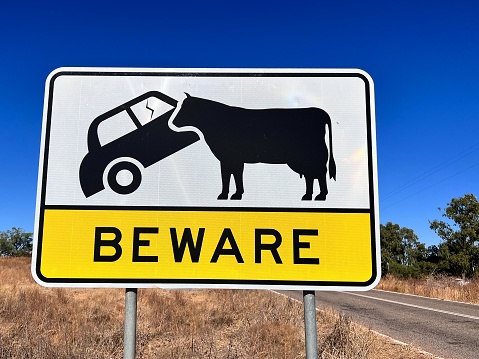 Beware of livestock road sign in the outback of Queensland, Australia.