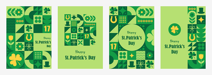 Happy St. Patrick day posters. Set of Neo geometric backgrounds. Trendy minimalist designs with simple shapes and elements. Vector illustration in bauhaus minimalist style.