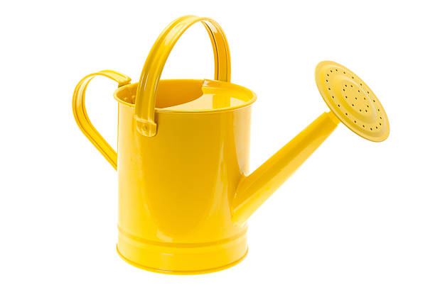 Glossy painted yellow watering can Bright metal watering can - studio shot with a white background. watering can stock pictures, royalty-free photos & images