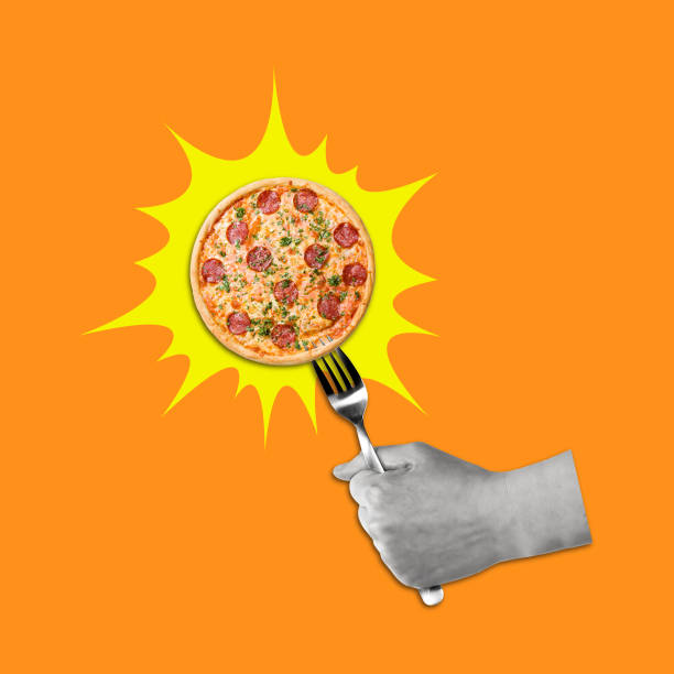 istock Contemporary art collage of hand holding a fork pizza. 1846463495