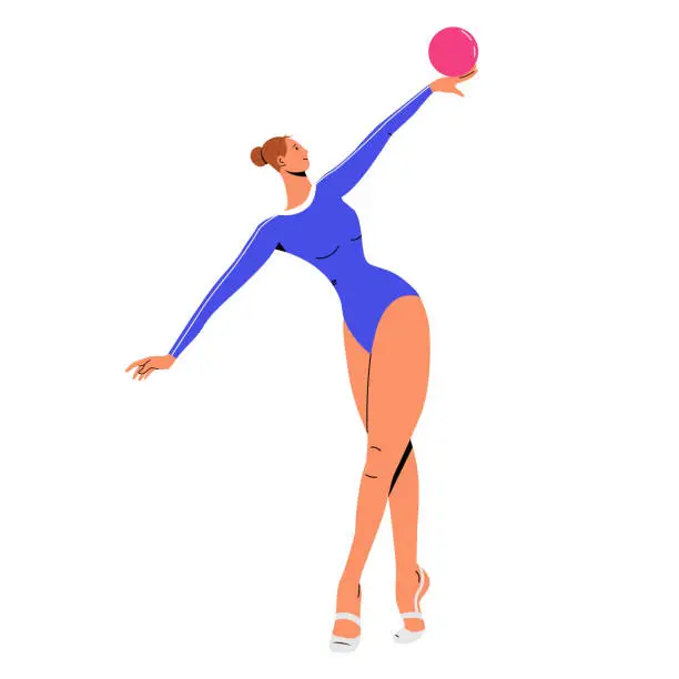 Vector illustration of Woman gymnast with ball, dynamic pose, flat vector illustration.